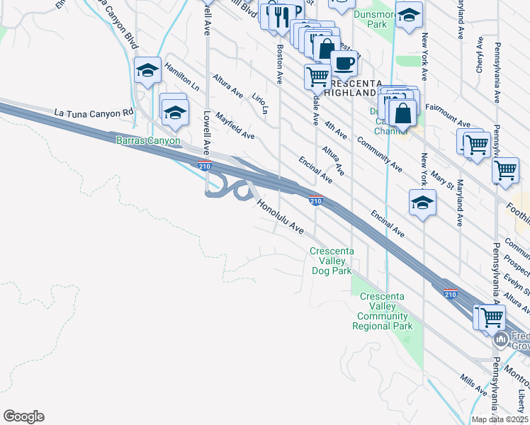 map of restaurants, bars, coffee shops, grocery stores, and more near 3820 Honolulu Avenue in Glendale