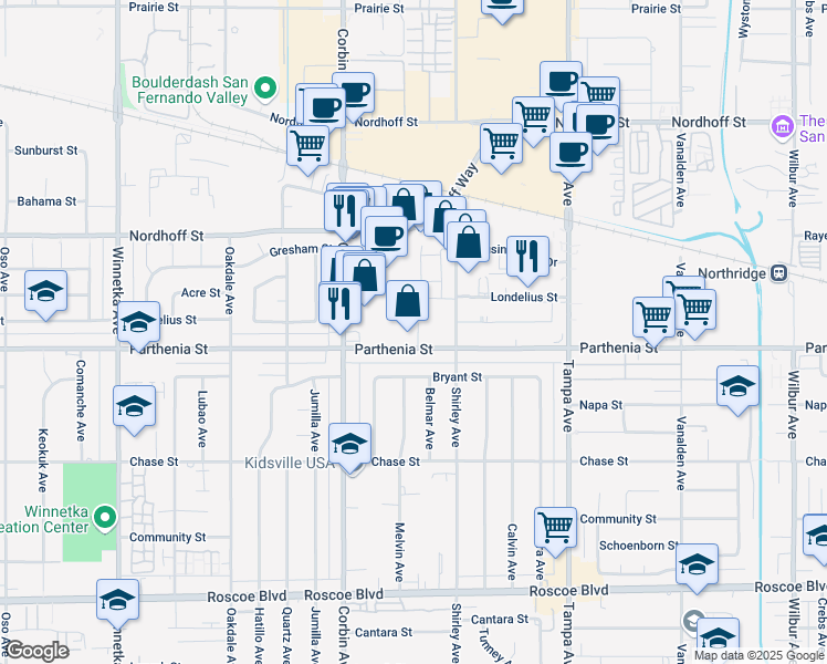 map of restaurants, bars, coffee shops, grocery stores, and more near 19545 Parthenia Street in Los Angeles