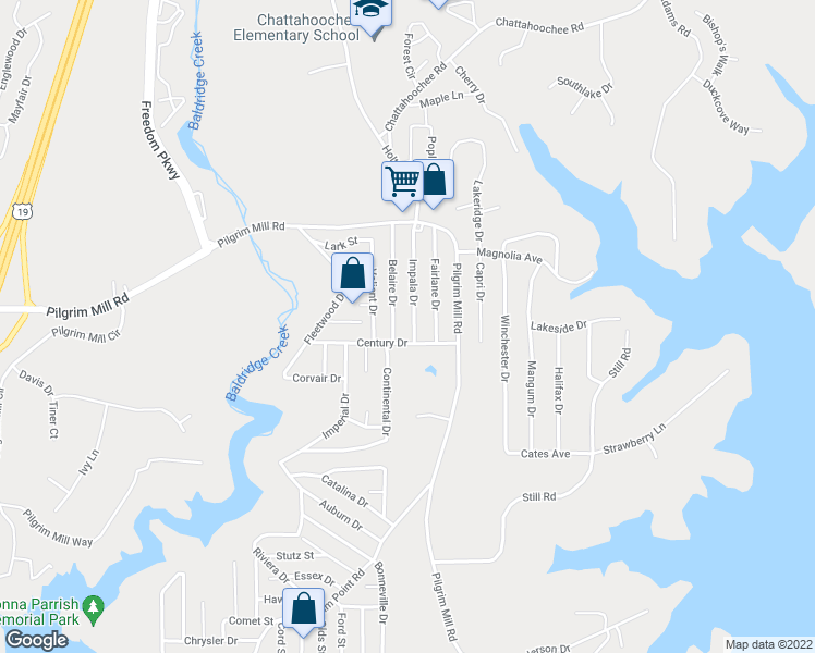 map of restaurants, bars, coffee shops, grocery stores, and more near 2640 Impala Drive in Cumming