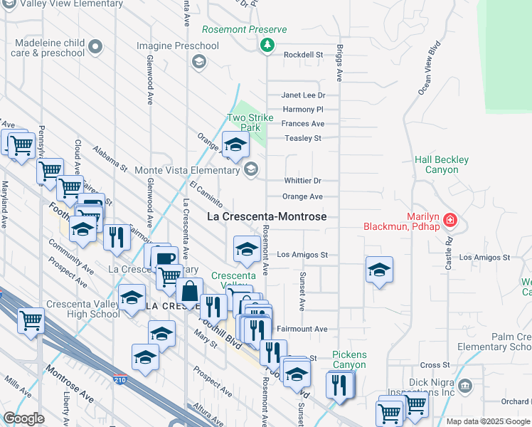 map of restaurants, bars, coffee shops, grocery stores, and more near 2527 Hermosa Avenue in La Crescenta-Montrose