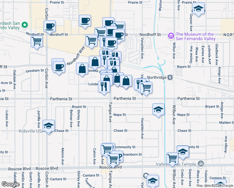 map of restaurants, bars, coffee shops, grocery stores, and more near 8700 Tampa Avenue in Los Angeles