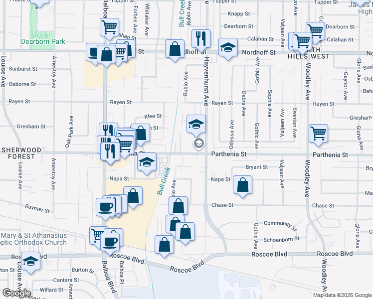 map of restaurants, bars, coffee shops, grocery stores, and more near 16651 Parthenia Street in Los Angeles