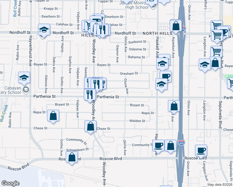 map of restaurants, bars, coffee shops, grocery stores, and more near 16037 Parthenia Street in Los Angeles
