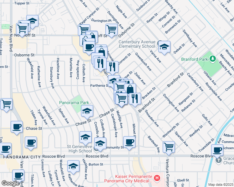 map of restaurants, bars, coffee shops, grocery stores, and more near 8725 Woodman Avenue in Los Angeles