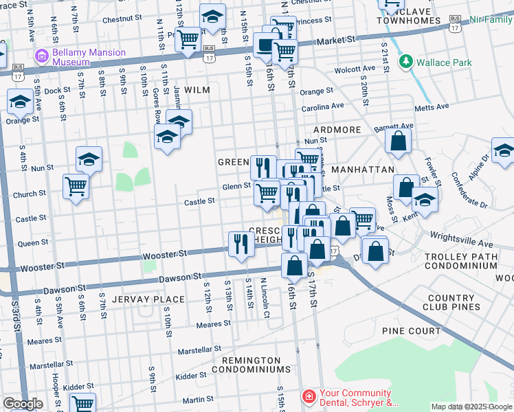 map of restaurants, bars, coffee shops, grocery stores, and more near 606 South 15th Street in Wilmington