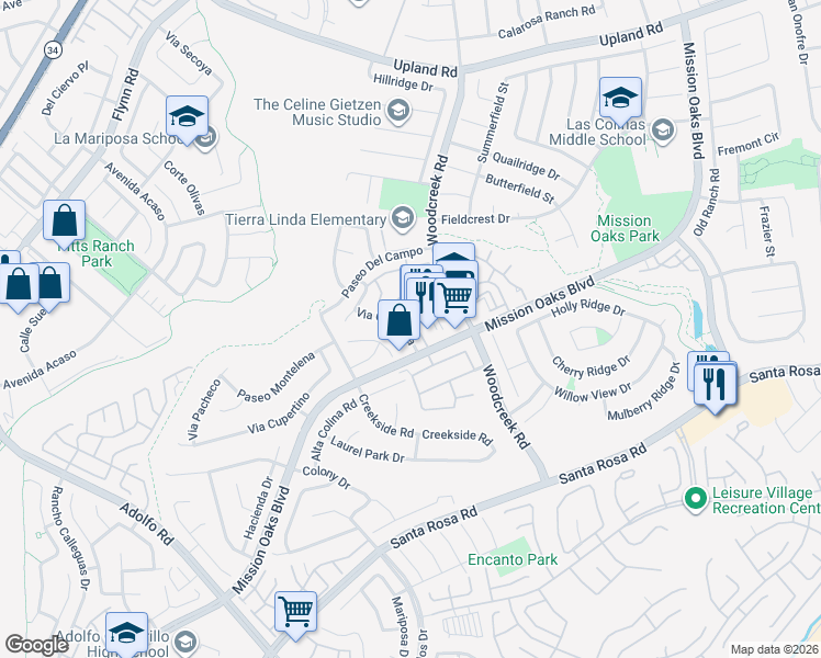 map of restaurants, bars, coffee shops, grocery stores, and more near 1124 Via Carranza in Camarillo