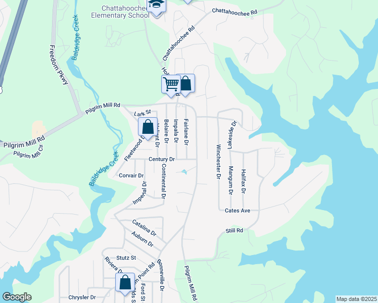 map of restaurants, bars, coffee shops, grocery stores, and more near 2735 Fairlane Drive in Cumming
