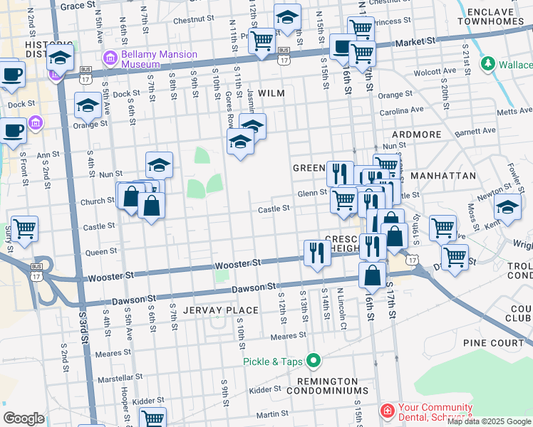 map of restaurants, bars, coffee shops, grocery stores, and more near in Wilmington