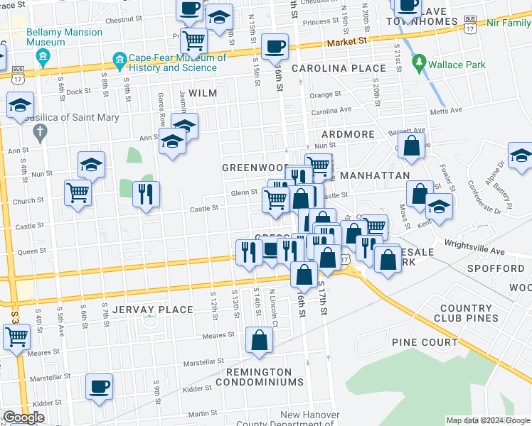 map of restaurants, bars, coffee shops, grocery stores, and more near 606 South 15th Street in Wilmington