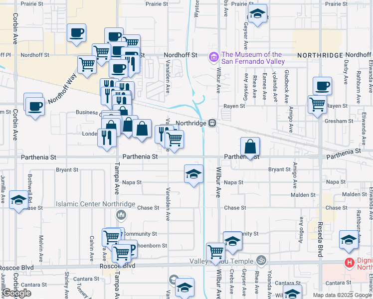 map of restaurants, bars, coffee shops, grocery stores, and more near 19051 Parthenia Street in Los Angeles