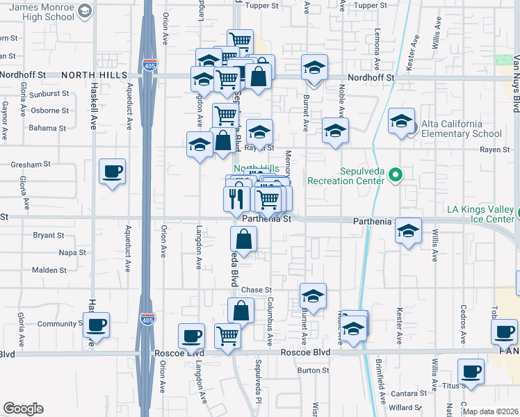 map of restaurants, bars, coffee shops, grocery stores, and more near 8745 Parthenia Place in Los Angeles