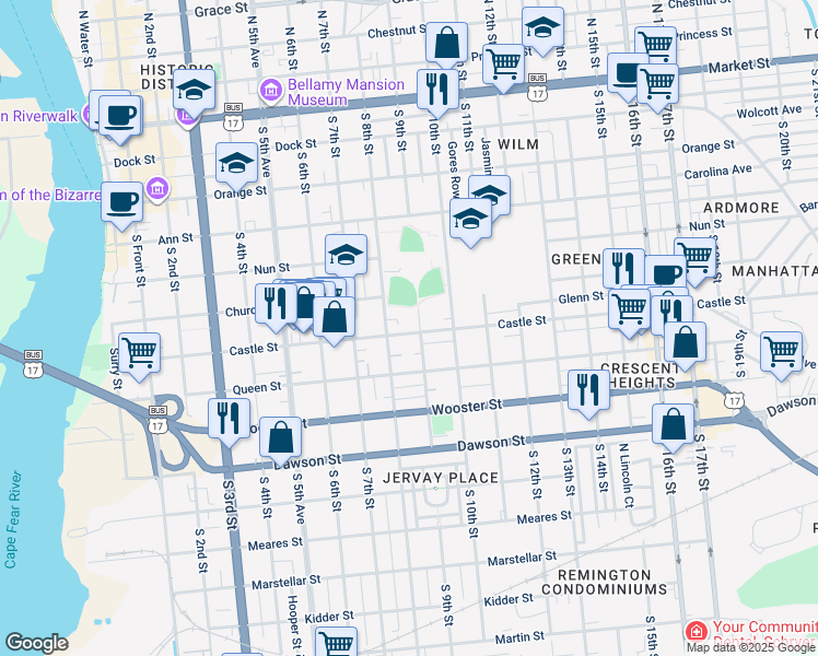 map of restaurants, bars, coffee shops, grocery stores, and more near 813 Castle Street in Wilmington