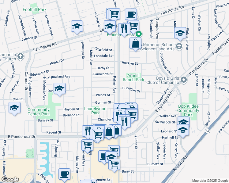 map of restaurants, bars, coffee shops, grocery stores, and more near 2267 Wilcox Street in Camarillo