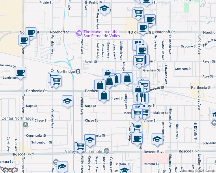 map of restaurants, bars, coffee shops, grocery stores, and more near 18717 Parthenia Street in Los Angeles