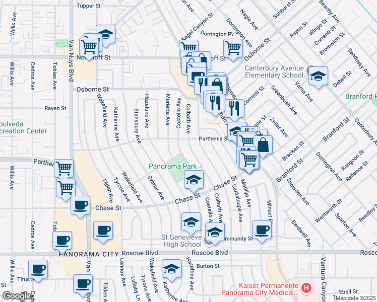 map of restaurants, bars, coffee shops, grocery stores, and more near 8715 Colbath Avenue in Los Angeles