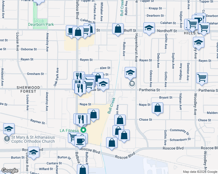 map of restaurants, bars, coffee shops, grocery stores, and more near 16825 Napa Street in Los Angeles