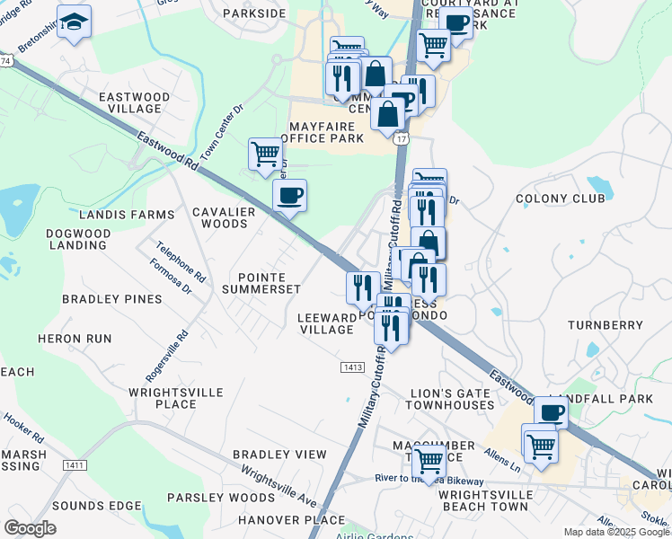 map of restaurants, bars, coffee shops, grocery stores, and more near 1620 Sturdivant Drive in Wilmington