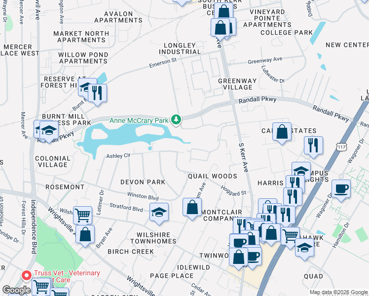 map of restaurants, bars, coffee shops, grocery stores, and more near 3905 Ashley Circle in Wilmington