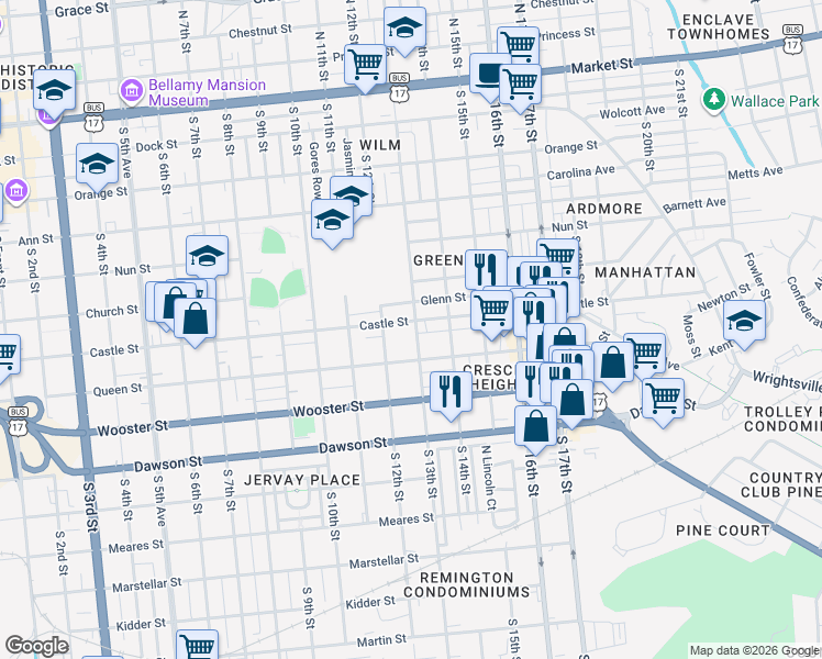 map of restaurants, bars, coffee shops, grocery stores, and more near 1302 Castle Street in Wilmington