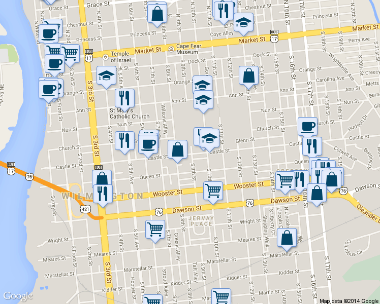 map of restaurants, bars, coffee shops, grocery stores, and more near 902 Castle Street in Wilmington