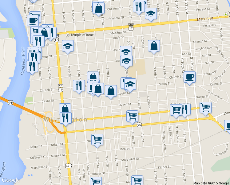 map of restaurants, bars, coffee shops, grocery stores, and more near 720 Castle Street in Wilmington