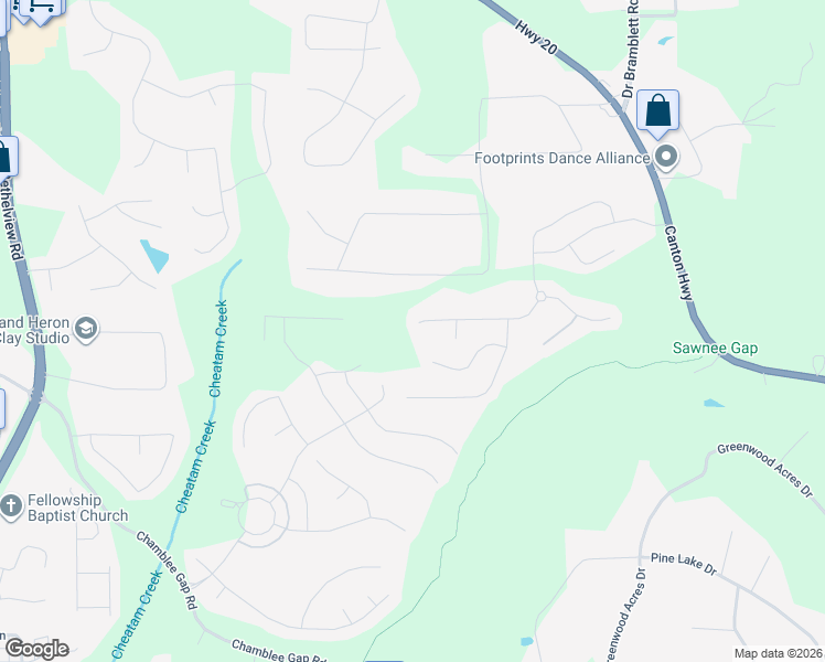 map of restaurants, bars, coffee shops, grocery stores, and more near 1975 Blossom Creek Lane in Cumming