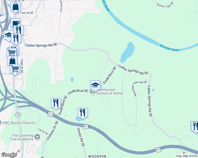 map of restaurants, bars, coffee shops, grocery stores, and more near 108 Pine Park Drive Southeast in Rome