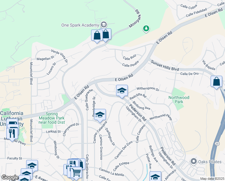 map of restaurants, bars, coffee shops, grocery stores, and more near 761 Flying Hills Lane in Thousand Oaks