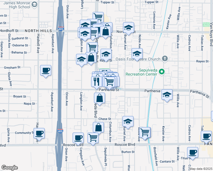 map of restaurants, bars, coffee shops, grocery stores, and more near 15307 Parthenia Street in Los Angeles