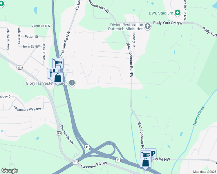 map of restaurants, bars, coffee shops, grocery stores, and more near 27 Camden Woods Drive Northwest in Cartersville