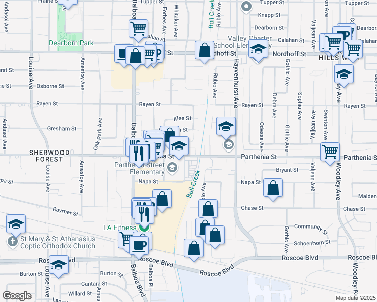 map of restaurants, bars, coffee shops, grocery stores, and more near 16755 Parthenia Street in Los Angeles