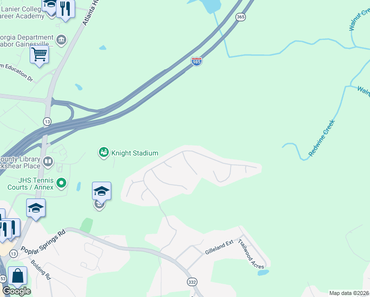 map of restaurants, bars, coffee shops, grocery stores, and more near 4005 Amberleigh Trace in Gainesville