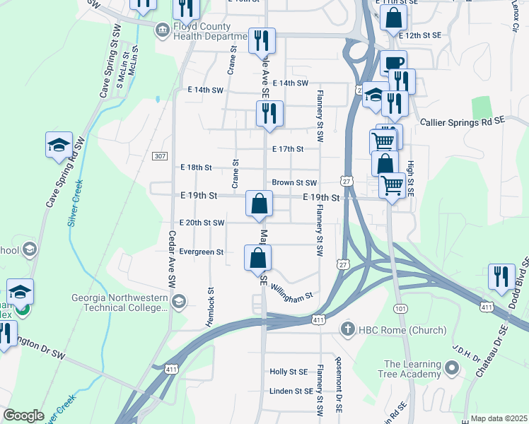 map of restaurants, bars, coffee shops, grocery stores, and more near 1915 Maple Avenue Southeast in Rome