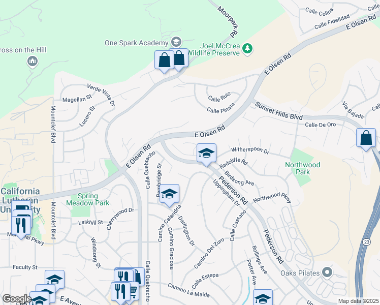 map of restaurants, bars, coffee shops, grocery stores, and more near 761 Flying Hills Lane in Thousand Oaks