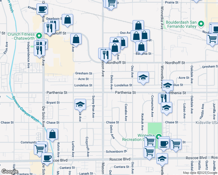 map of restaurants, bars, coffee shops, grocery stores, and more near 20436 Londelius Street in Los Angeles