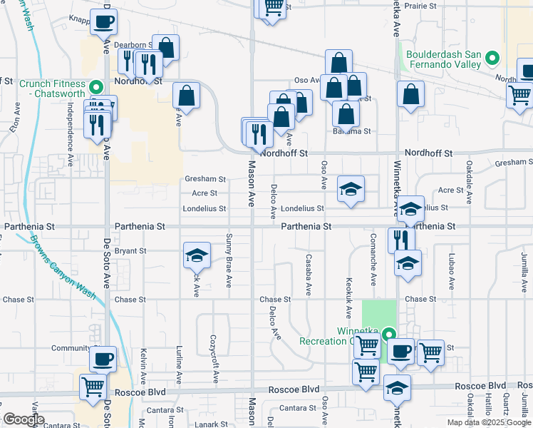 map of restaurants, bars, coffee shops, grocery stores, and more near 20436 Londelius Street in Los Angeles