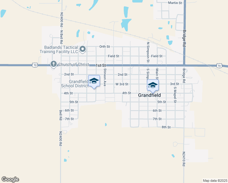 map of restaurants, bars, coffee shops, grocery stores, and more near 601 4th Street in Grandfield