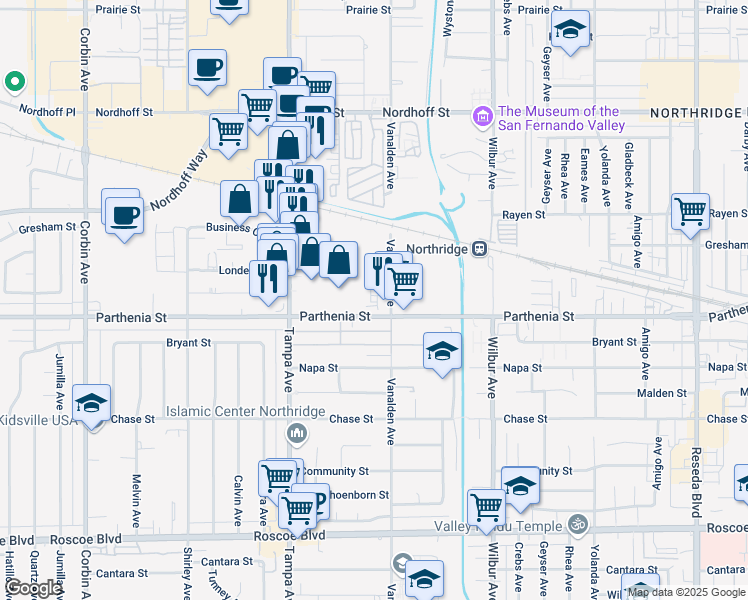 map of restaurants, bars, coffee shops, grocery stores, and more near 19121 Parthenia Street in Los Angeles