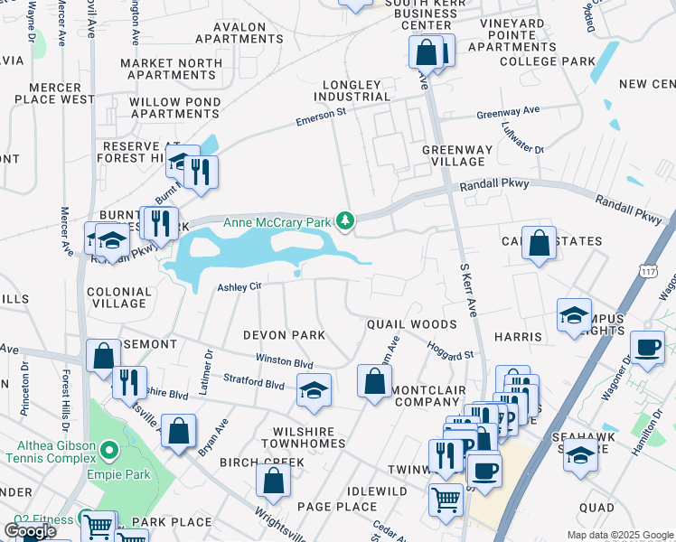 map of restaurants, bars, coffee shops, grocery stores, and more near 3806 Ashley Cir in Wilmington