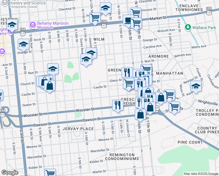map of restaurants, bars, coffee shops, grocery stores, and more near 1302 Castle Street in Wilmington