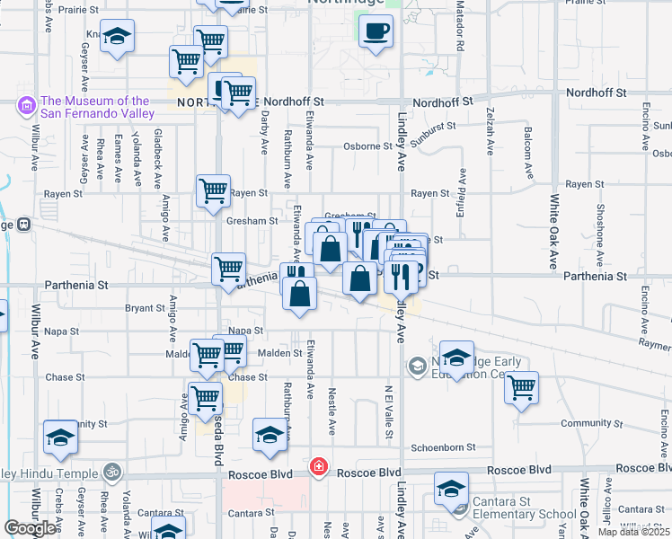 map of restaurants, bars, coffee shops, grocery stores, and more near 18214 Parthenia Street in Los Angeles