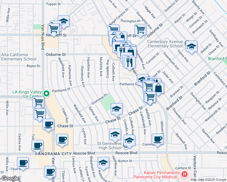 map of restaurants, bars, coffee shops, grocery stores, and more near 8731 Colbath Avenue in Los Angeles