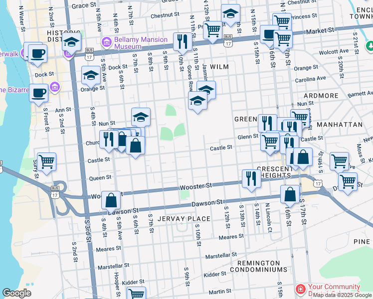 map of restaurants, bars, coffee shops, grocery stores, and more near 919 Castle Street in Wilmington