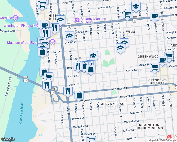 map of restaurants, bars, coffee shops, grocery stores, and more near 515 South 6th Street in Wilmington