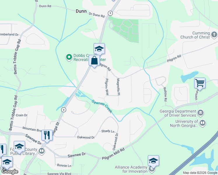 map of restaurants, bars, coffee shops, grocery stores, and more near 1595 Pilgrim Way in Cumming
