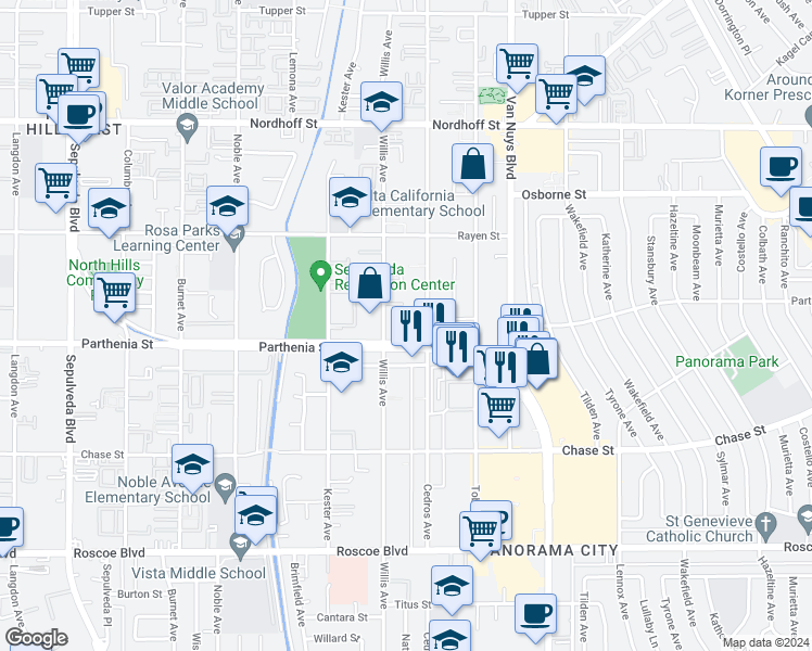 map of restaurants, bars, coffee shops, grocery stores, and more near 8735 Cedros Avenue in Los Angeles