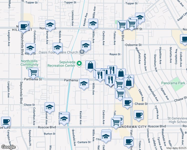 map of restaurants, bars, coffee shops, grocery stores, and more near Willis Avenue in Los Angeles