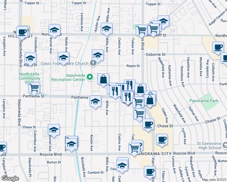 map of restaurants, bars, coffee shops, grocery stores, and more near Willis Avenue in Los Angeles