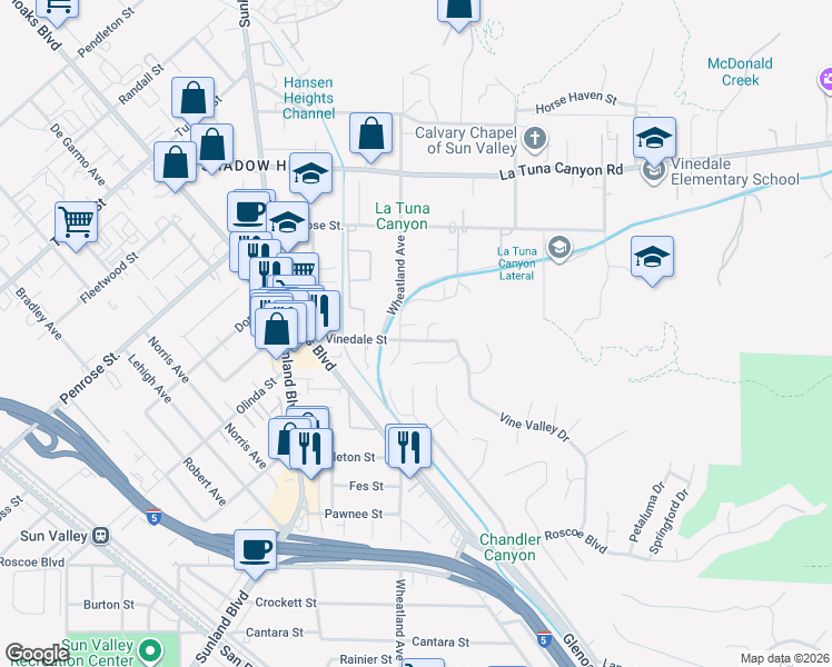 map of restaurants, bars, coffee shops, grocery stores, and more near 10563 Vinedale Street in Los Angeles