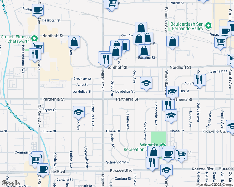 map of restaurants, bars, coffee shops, grocery stores, and more near 20406 Londelius Street in Los Angeles